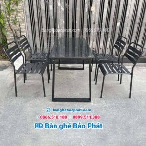 Bộ bàn ghế cà phê sắt Bảo Phát BGSBP004 10 Bàn ghế sắt cafe bàn dài 1m2 chân sắt mặt đá