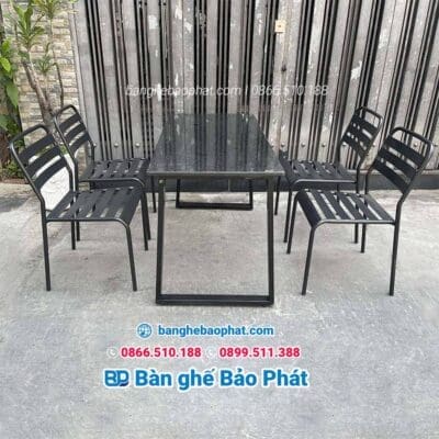 Bàn ghế sắt cafe bàn dài 1m2 chân sắt mặt đá