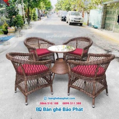 Bộ bàn ghế nhựa giả mây ngoài trời ghế thúng hàng rào dây tròn Bảo Phát BBGNGMBP001