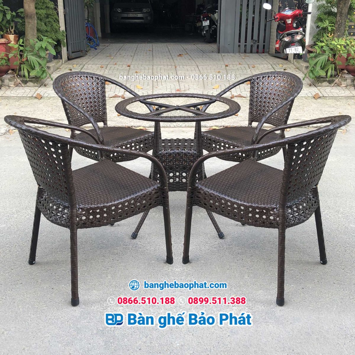 Ghế mây nhựa thúng bầu BGNGMBP007 33 Bàn ghế mây nhựa thúng bầu đan mắt cáo màu nâu