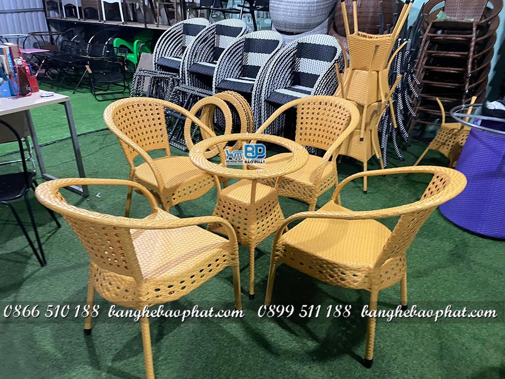 Ghế mây nhựa thúng bầu BGNGMBP007 30 Bàn ghế mây nhựa thúng bầu đan mắt cáo màu vàng mây