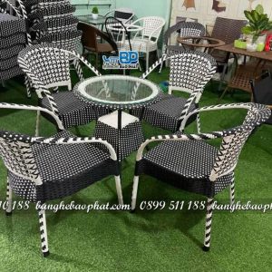 Ghế mây nhựa thúng bầu BGNGMBP007 24 Bàn ghế mây nhựa thúng bầu đan mất cáo phối trắng đen