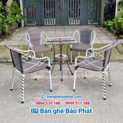 Bàn ghế nhựa giả mây cà phê ghế thúng hoa văn BGNGMCPBP006