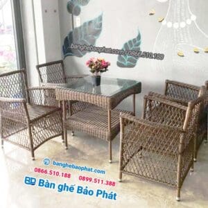 Bàn ghế nhựa giả mây diana hàng rào đan sợi tròn 8 ghế nhựa giả mây cafe highland