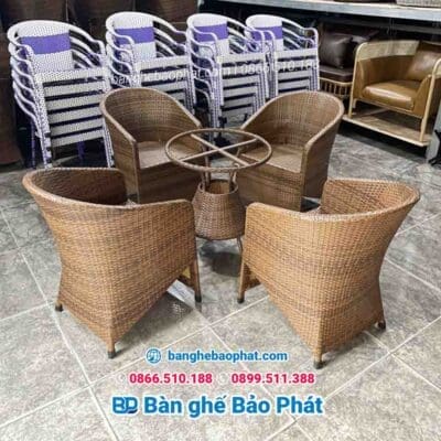 bàn ghế nhựa giả mây bảo bảo đan dây dẹp màu giả gỗ
