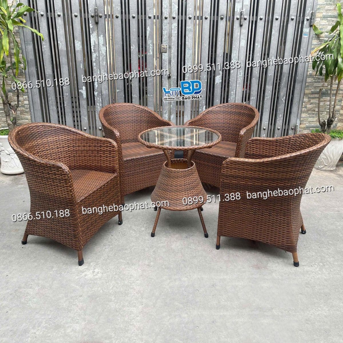 Bàn ghế mây nhựa ghế thúng bành BGNGMBP014 12 Bàn ghế nhựa giả mây thúng bành 4 ghế