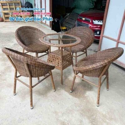 bàn ghế quán cafe nhựa giả mây ghế runam dây tròn