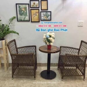 Bàn ghế nhựa giả mây diana hàng rào đan sợi tròn 7 ghe cafe highland nhua gia may