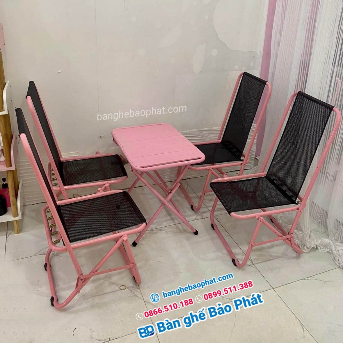 bàn ghế cafe mini ghế xếp lưới lưng cao.