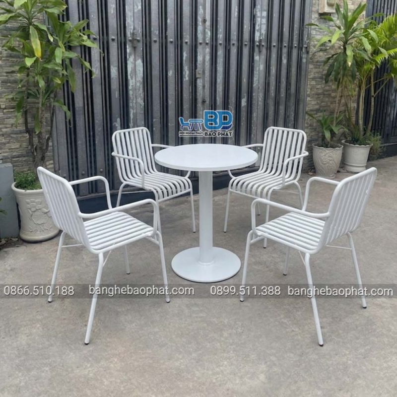 Bộ bàn ghế sắt 13-26 quán cafe BGSBP017 30 Bàn ghế sắt ngoài trời 13 26 bàn chân trụ mặt đá màu trắng