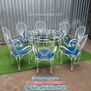 Bàn ghế sắt ngoài trời màu trắng 8 ghế bàn tròn lớn
