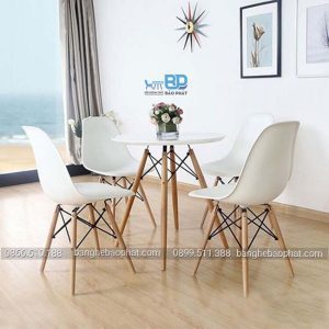 Bộ bàn ghế nhựa eames chân gỗ màu trắng
