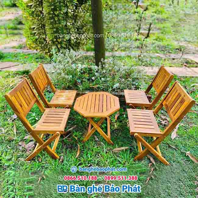 Bàn ghế gỗ xếp cafe mini bàn bát giác