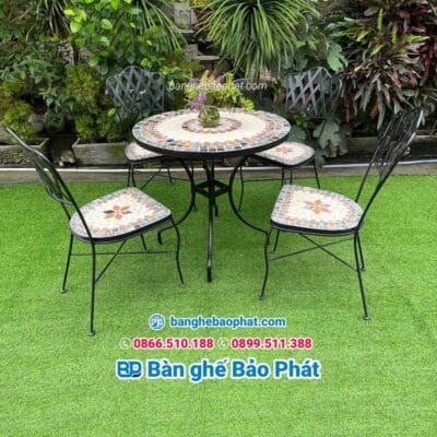 Bàn ghế sắt mặt đá mosaic BP004