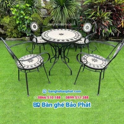 Bàn ghế sân vườn ghế sắt mặt đá mosaic BP003