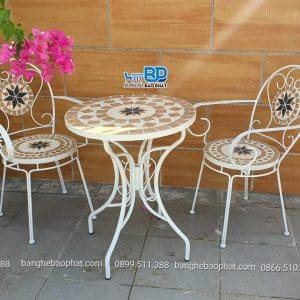 Bàn ghế sắt mặt đá mosaic BP001 11 Bộ bàn ghế sân vườn ngoài trời ghế sắt mặt đá mosaic