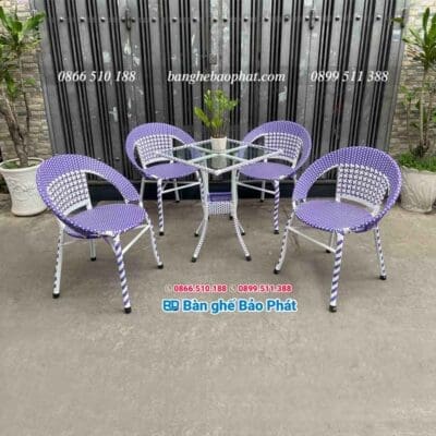 Bàn Ghế Cafe Nhựa Giả Mây Ghế Đĩa Lưng Thấp Màu Trắng Tím