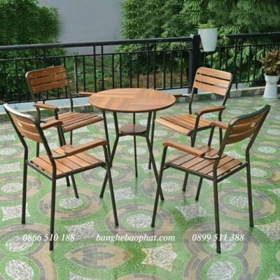 bàn ghế cafe sắt gỗ ghế moon 03 bàn tròn