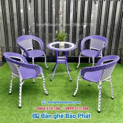 Bàn ghế cafe tím trắng nhựa giả mây