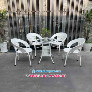 Bộ bàn ghế nhựa giả mây trắng đan mắt cáo BGNGMBP044 8 Bộ bàn ghế nhựa giả mây trắng đan mắt cáo BGNGMBP044 gồm 4 bàn và 1 ghế