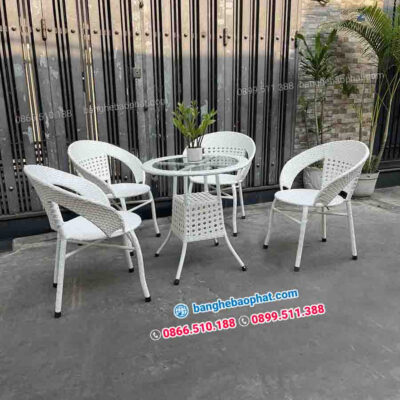 Bộ bàn ghế nhựa giả mây trắng đan mắt cáo BGNGMBP04