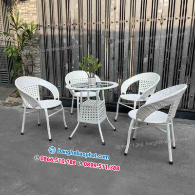 Bộ bàn ghế nhựa giả mây trắng đan mắt cáo BGNGMBP044 bền và chắc chắn