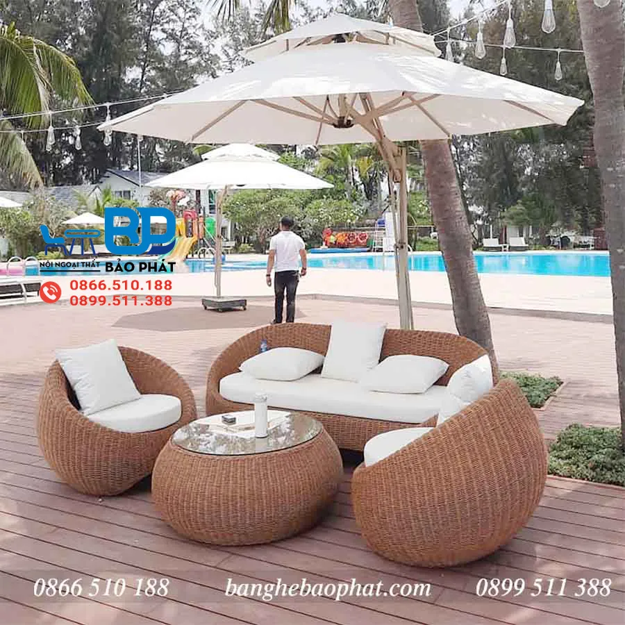 Sofa nhựa giả mây ngoài trời màu trắng tinh tế, sang trọng