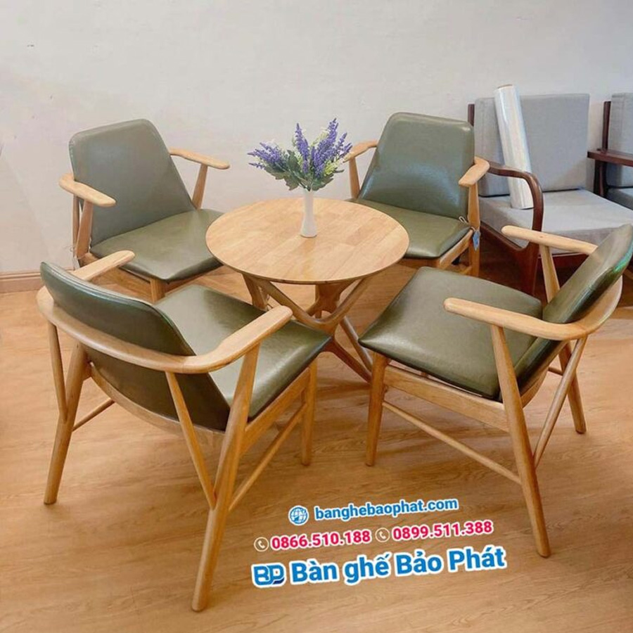 Mẫu bàn ghế cafe gỗ babie BGGBP009 được làm từ chất liệu gỗ cao cấp, nệm bộc màu theo yêu cầu của khách hàng