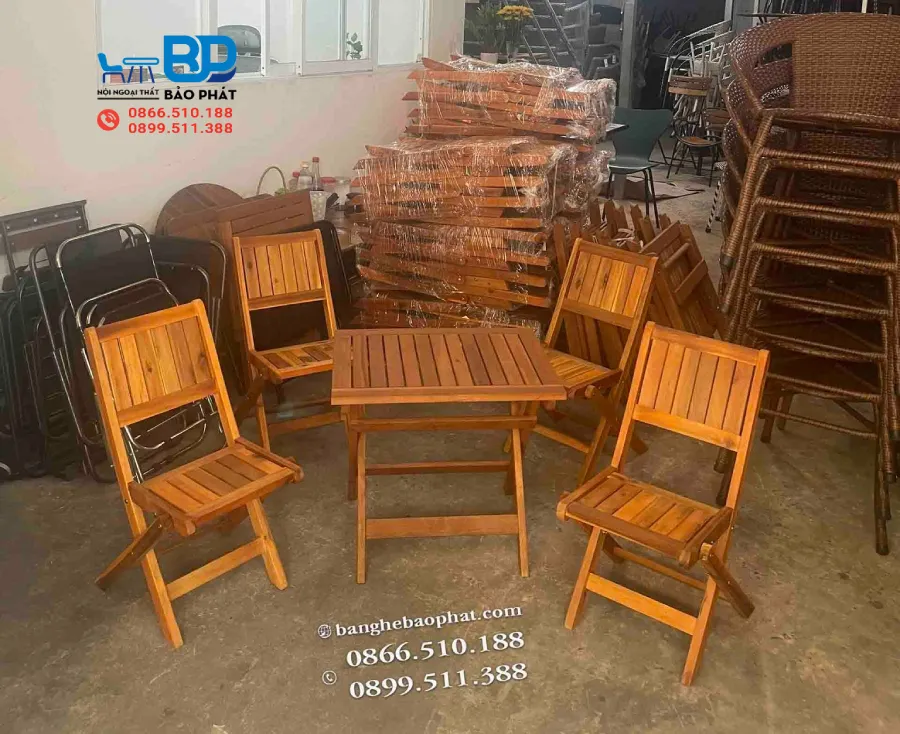 Bàn ghế cafe gỗ xếp thấp thanh lý