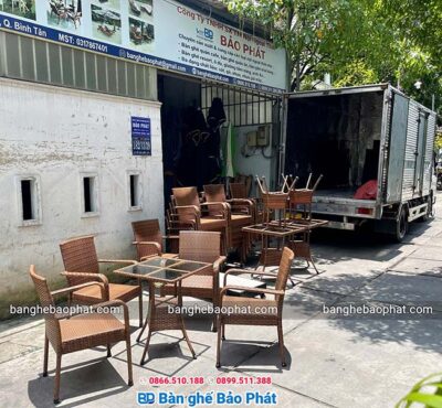 Bàn ghế cafe nhựa gải mây lisa màu nâu gỗ xưởng bàn ghế bảo phát sản xuất.