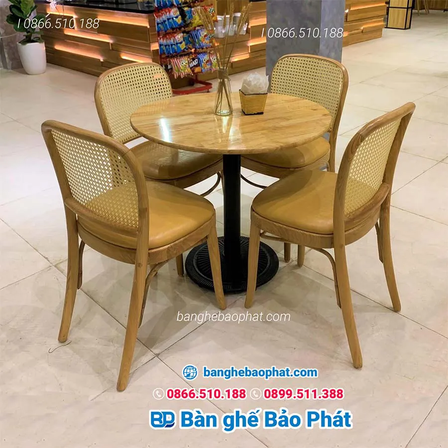 Bàn ghế gỗ cafe mini thonet 811 tựa vuông đan mây