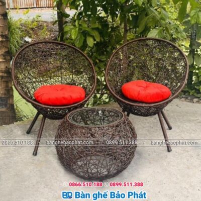 Bàn ghế nhựa giả mây ban công đan rối nâu