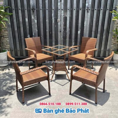 Bộ bàn ghế cafe nhựa giả mây lisa màu nâu gỗ