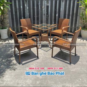 Bàn ghế cafe nhựa giả mây lisa màu nâu gỗ