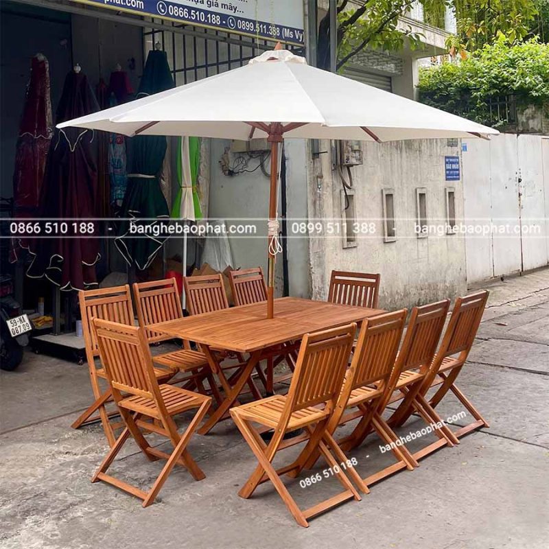 Bộ bàn ghế gỗ xếp ngoài trời kết hợp dù che Bảo Phát