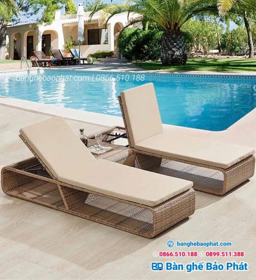 Ghế nằm hồ bơi lót đệm nhựa giả mây GHBBP002