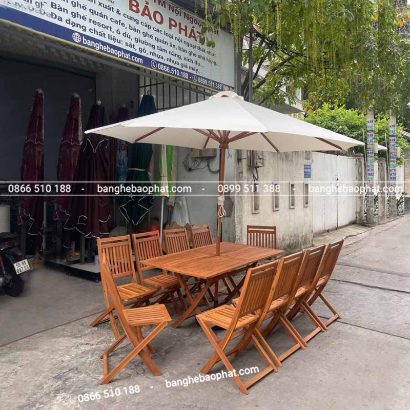 Ưu điểm của bộ bàn ghế gỗ xếp ngoài trời kết hợp dù che Bảo Phát
