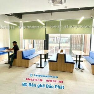 Bàn cafe dài kết hợp băng sofa gỗ nệm