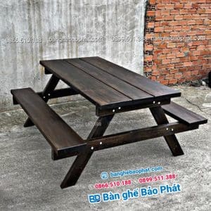 Bàn ghế quán ăn ngoài trời gỗ thông băng liền 3 Bàn ghế quán ăn ngoài trời gỗ thông băng liền chữ A