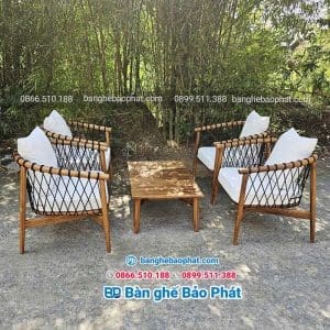 Bàn ghế gỗ đan dây dù BGBP059