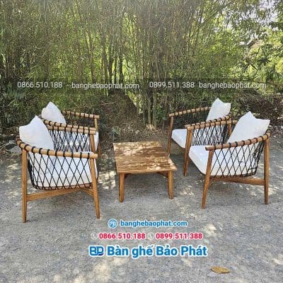 Bàn ghế gỗ đan dây dù BGBP059