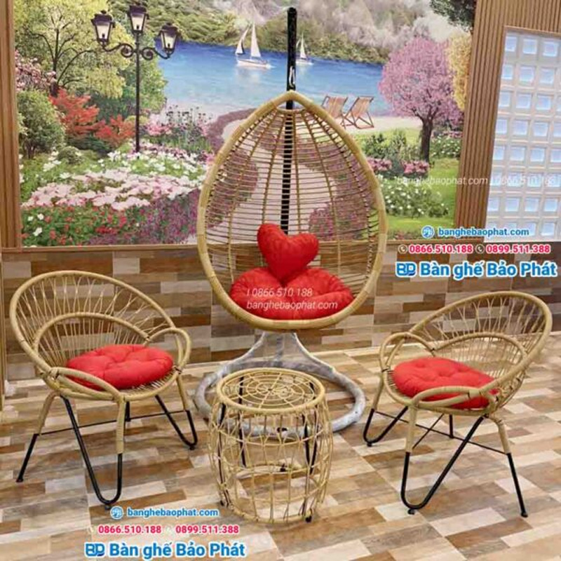 Bộ xích đu nhựa giả mây ngoài trời có hình cánh hoa đẹp, hiện đại