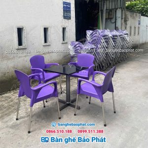 Bàn Ghế Nhựa Cafe Đúc Chân Inox Màu Tím 6 Bàn ghế nhựa cafe màu tím chân inox