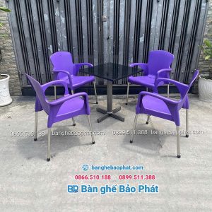 Bàn ghế nhựa cafe màu tím chân inox