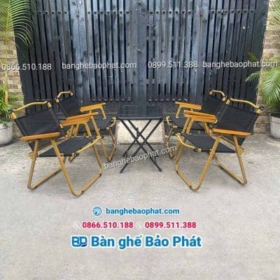 Ghế xếp cafe vải khung sắt tay gỗ