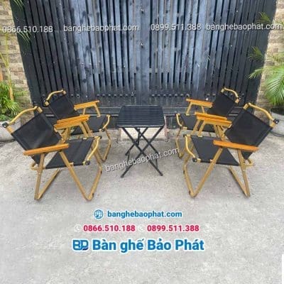 Ghế xếp cafe vải khung sắt tay gỗ