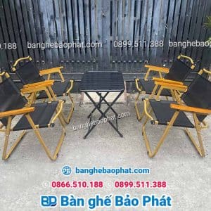 Ghế xếp cafe vải khung sắt tay gỗ