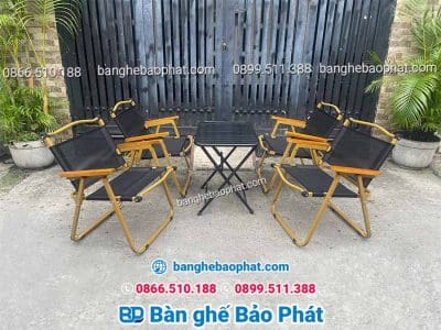 Ghế xếp cafe vải khung sắt tay gỗ