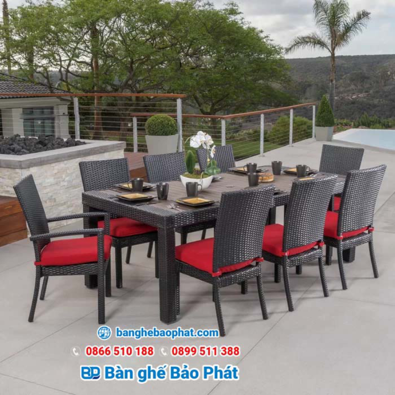 Bàn ghế ăn ngoài trời nhựa giả mây màu đen BGNGMNTBP001