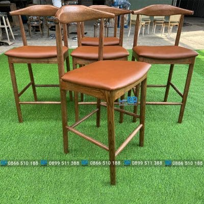 Ghế bar bull gỗ tự nhiên nệm nâu